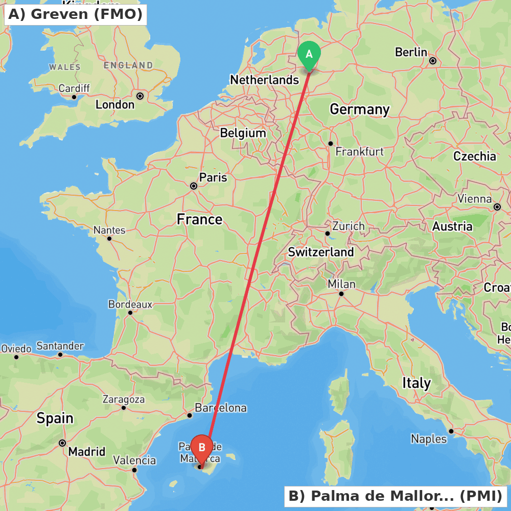 Flight route map from Greven to Palma de Mallorca