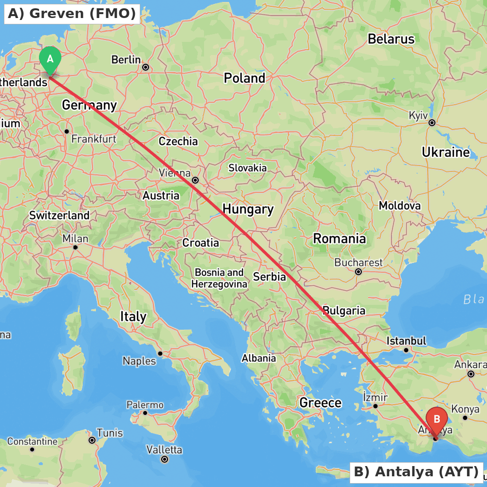 Flight route map from Greven to Antalya