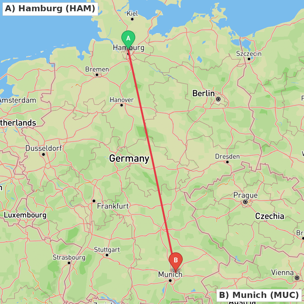 Flight route map from Hamburg to Munich