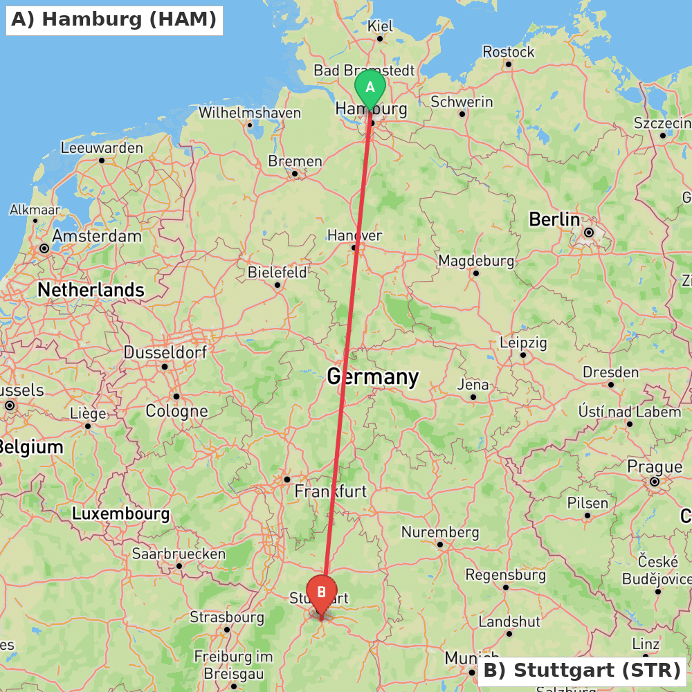 Flight route map from Hamburg to Stuttgart