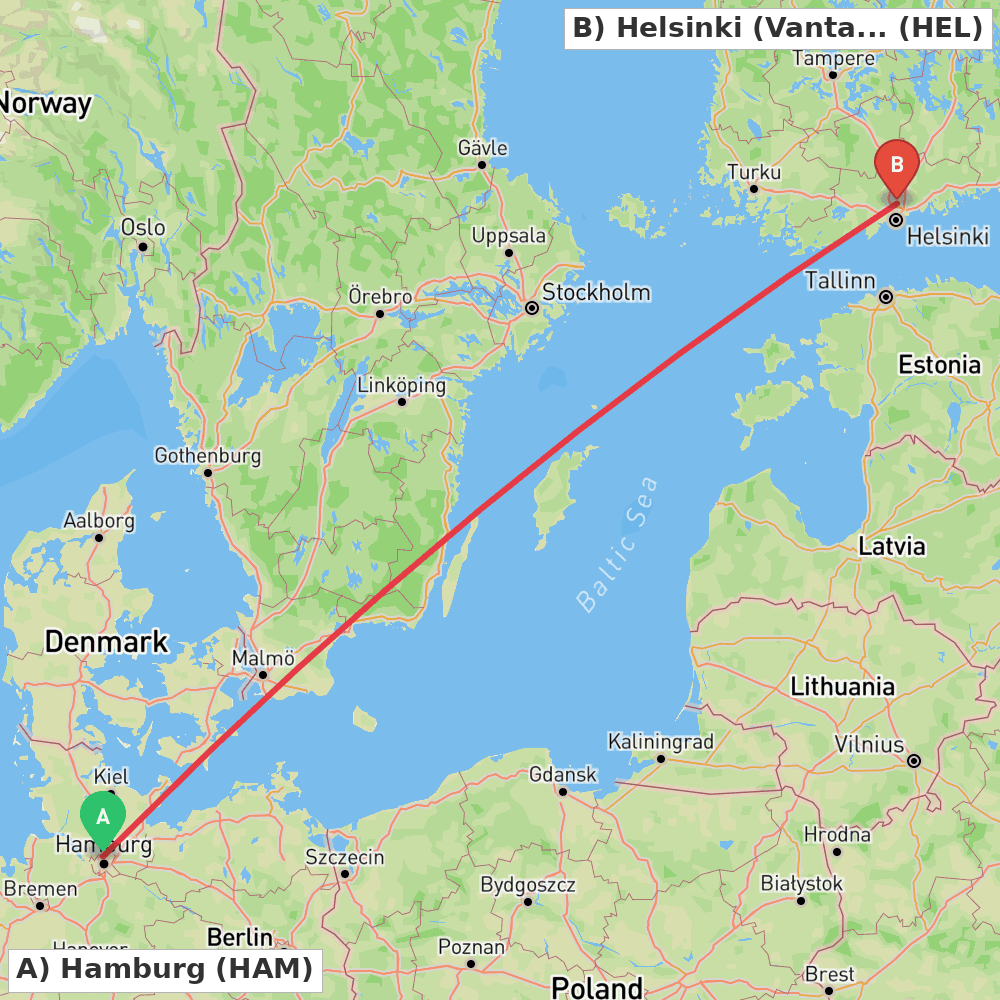 Flight route map from Hamburg to Helsinki (Vantaa)