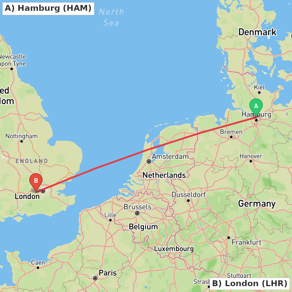Flight route map from Hamburg to London