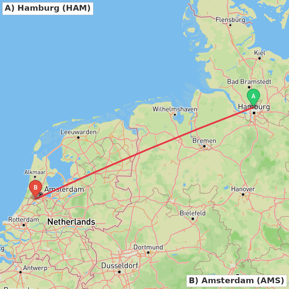 Flight route map from Hamburg to Amsterdam