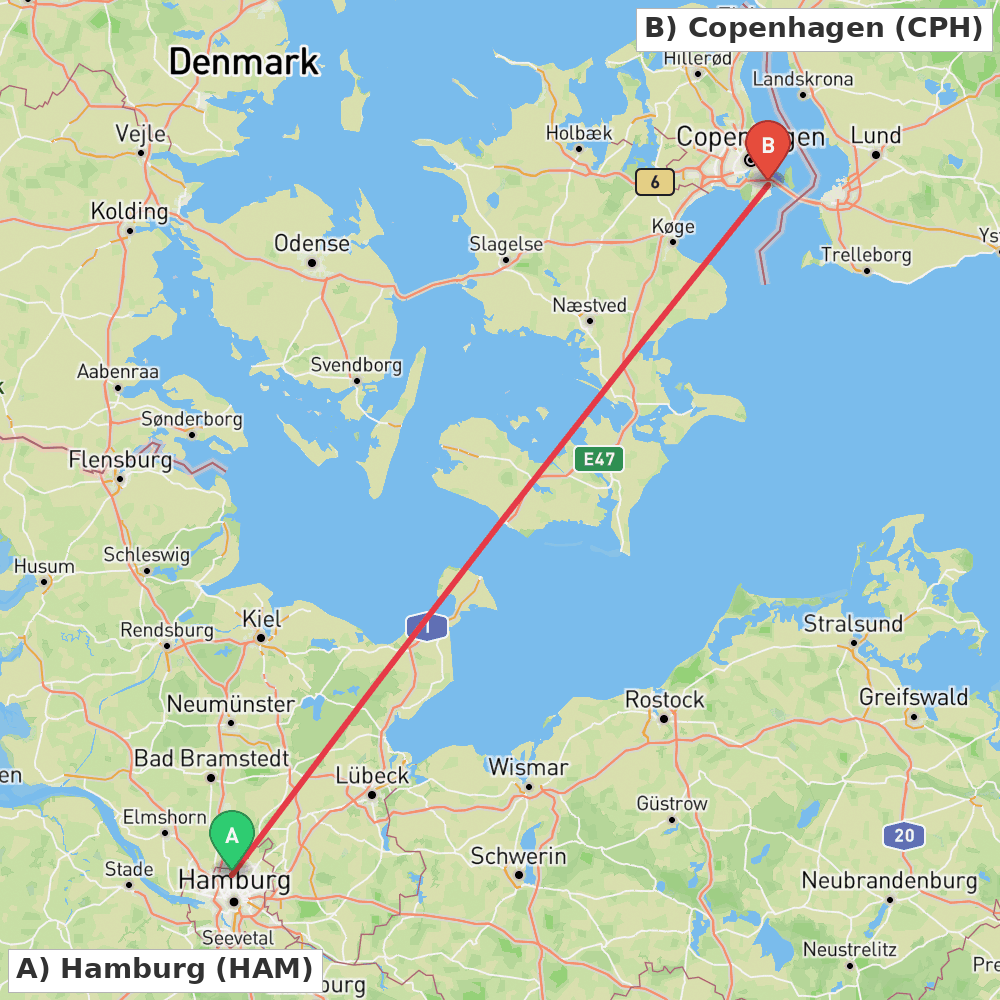 Flight route map from Hamburg to Copenhagen