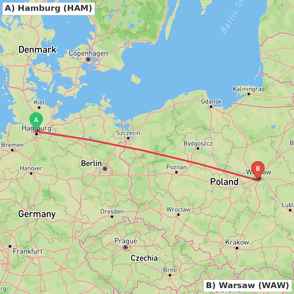 Flight route map from Hamburg to Warsaw
