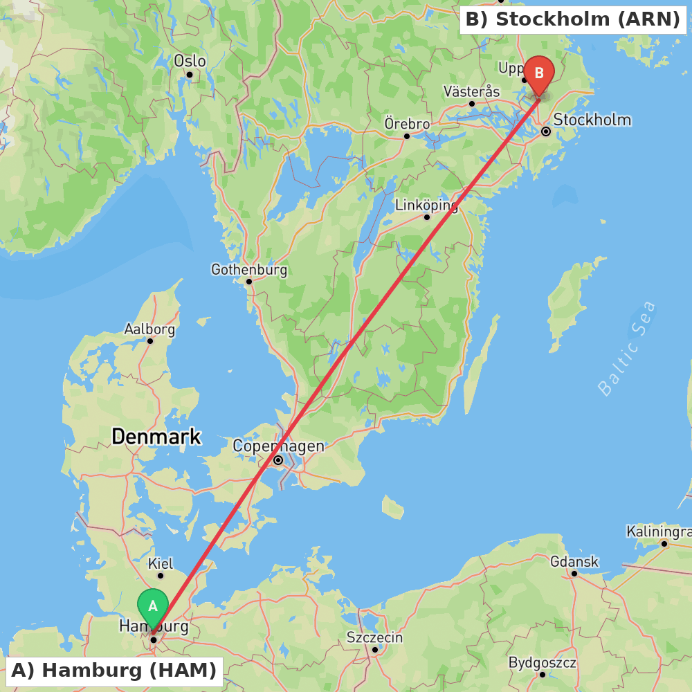Flight route map from Hamburg to Stockholm