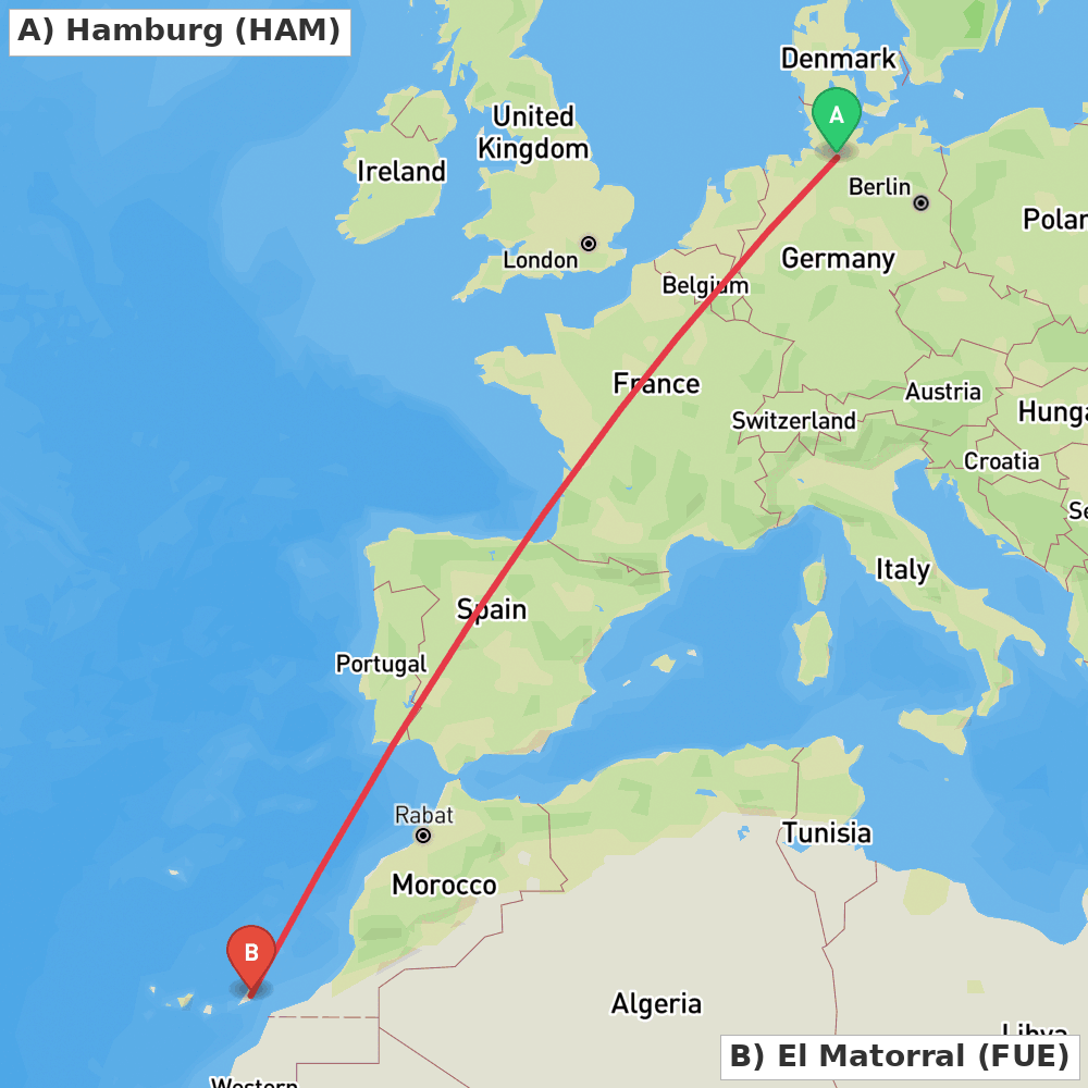 Flight route map from Hamburg to El Matorral
