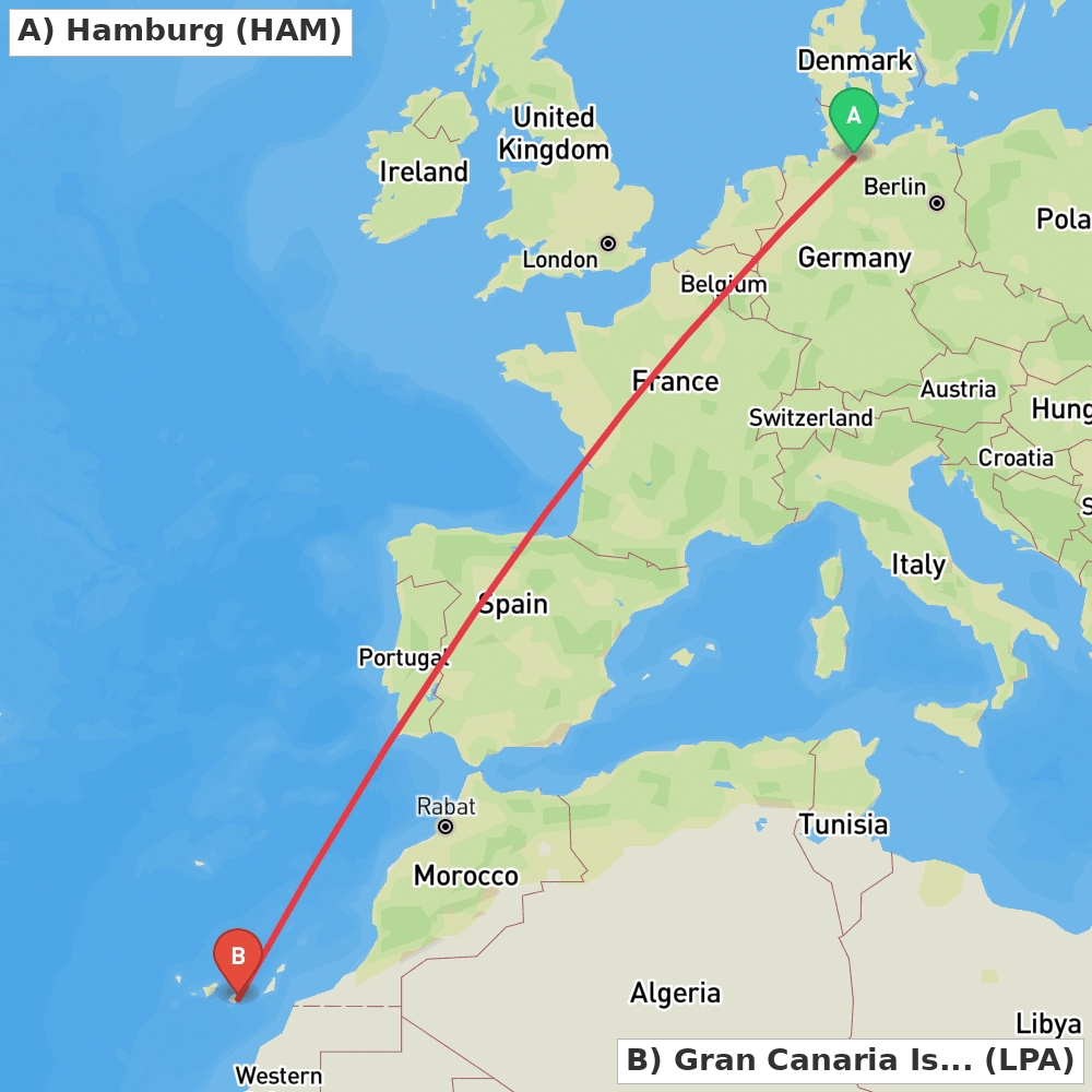 Flight route map from Hamburg to Gran Canaria Island