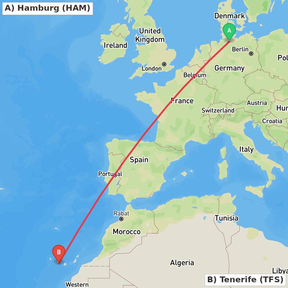 Flight route map from Hamburg to Tenerife