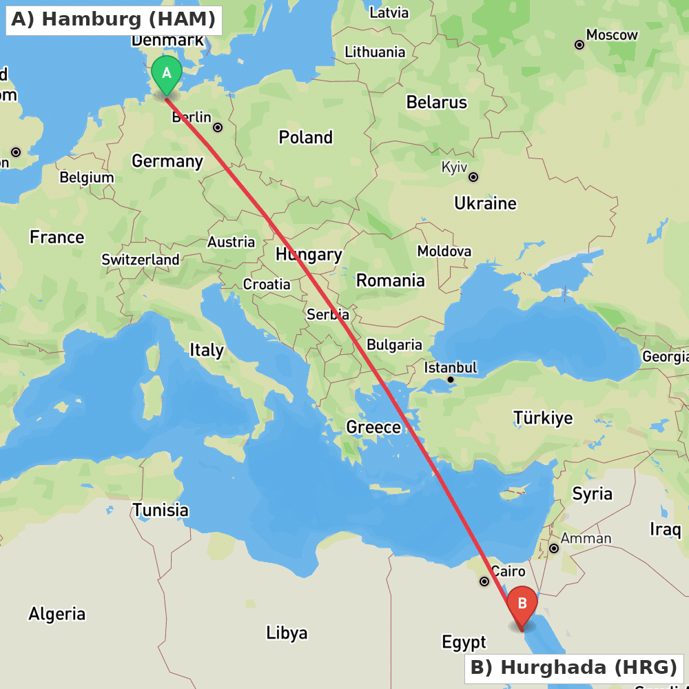 Flight route map from Hamburg to Hurghada