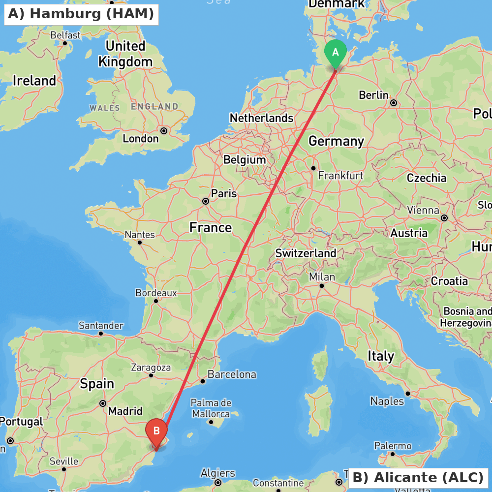 Flight route map from Hamburg to Alicante