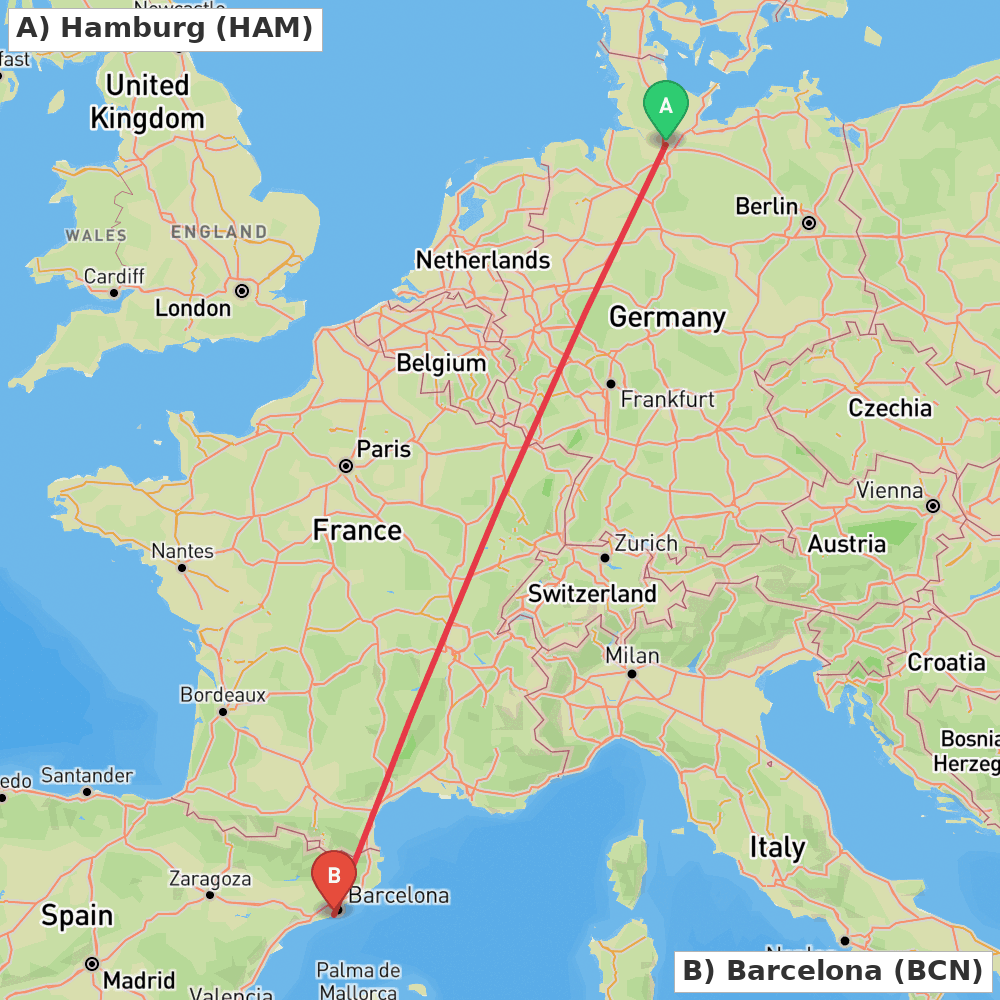 Flight route map from Hamburg to Barcelona