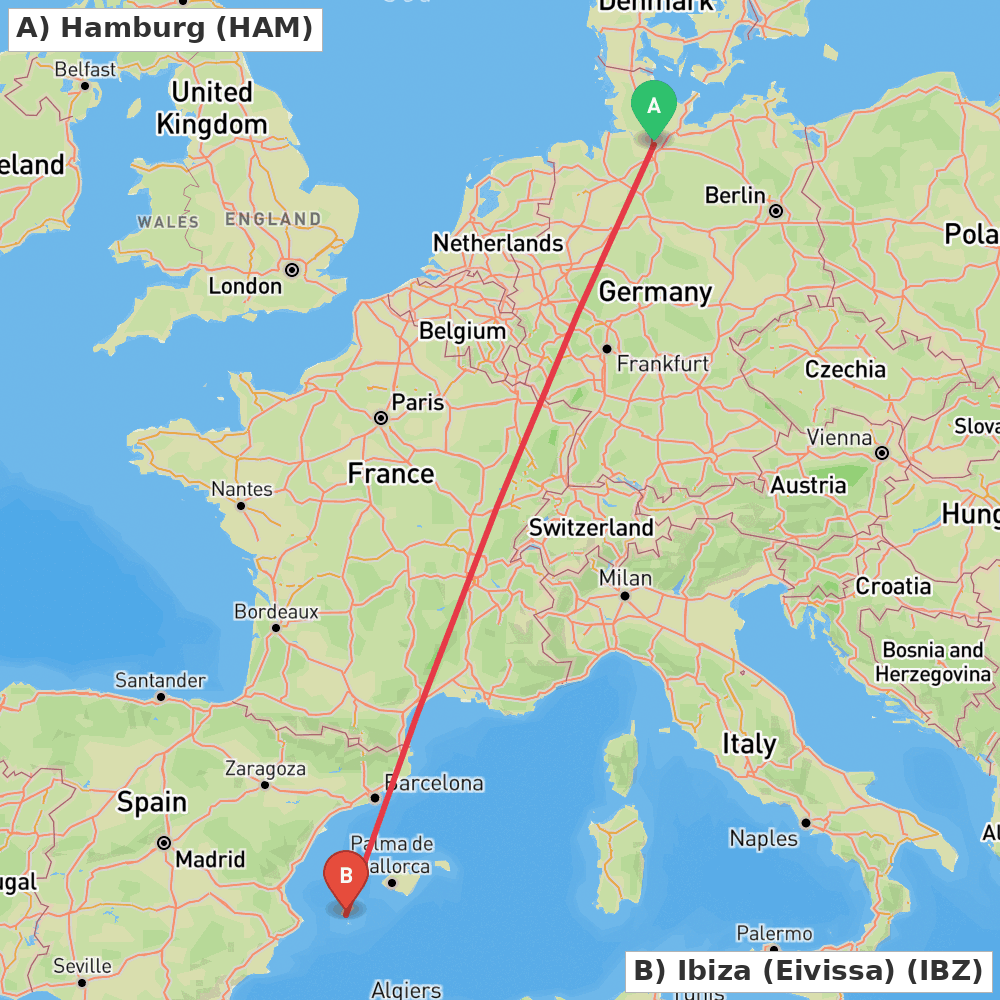 Flight route map from Hamburg to Ibiza (Eivissa)