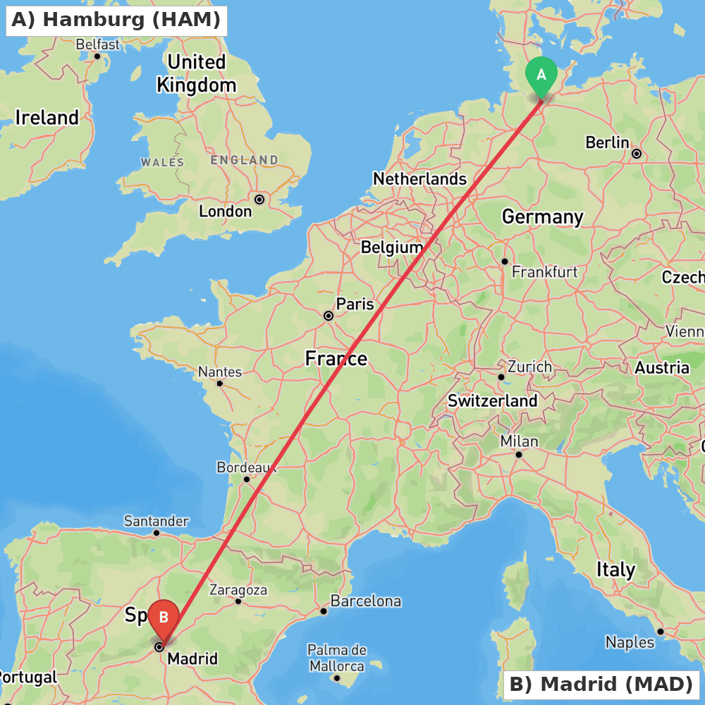 Flight route map from Hamburg to Madrid
