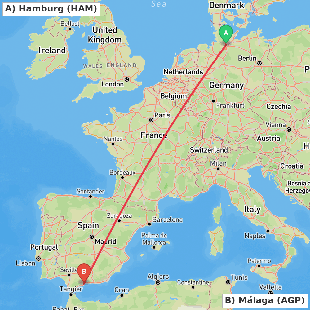 Flight route map from Hamburg to Málaga