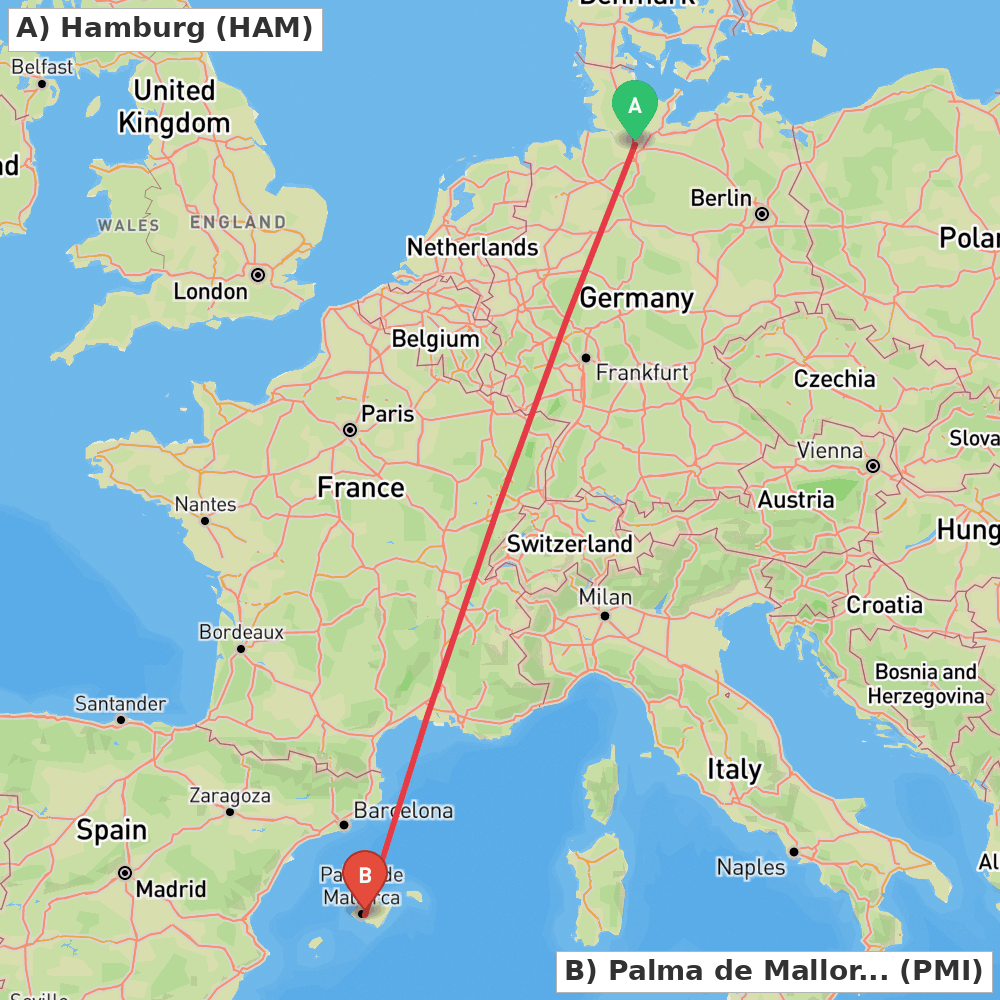Flight route map from Hamburg to Palma de Mallorca