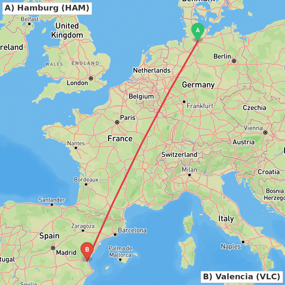 Flight route map from Hamburg to Valencia