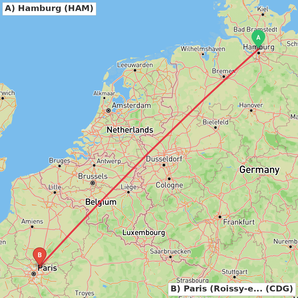 Flight route map from Hamburg to Paris (Roissy-en-France, Val-d'Oise)