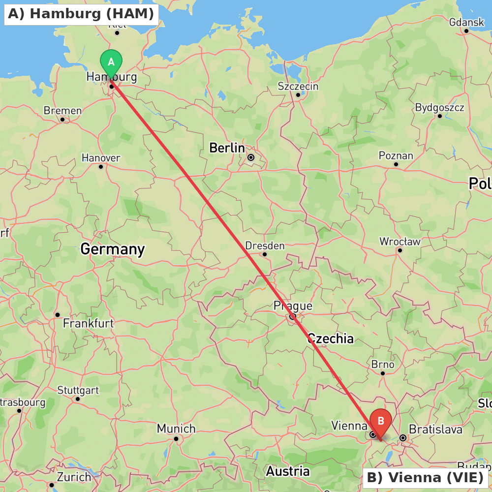 Flight route map from Hamburg to Vienna
