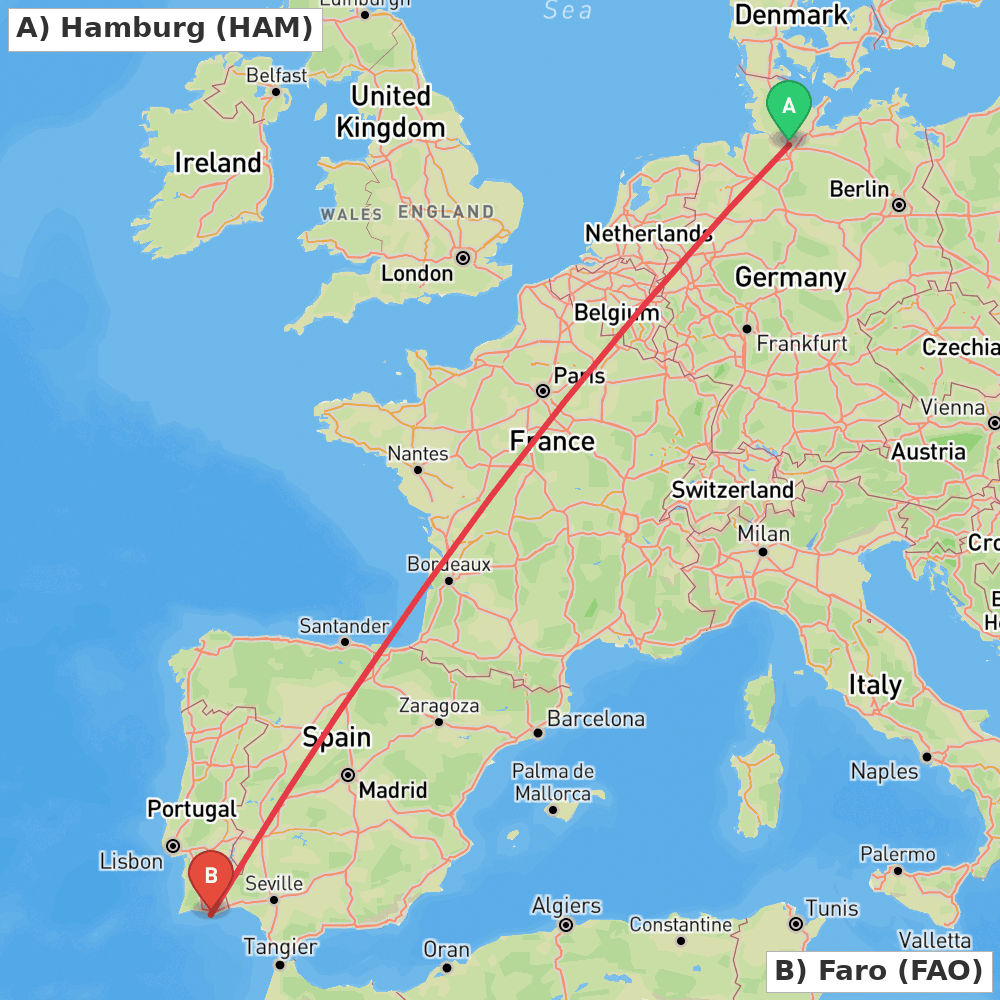 Flight route map from Hamburg to Faro