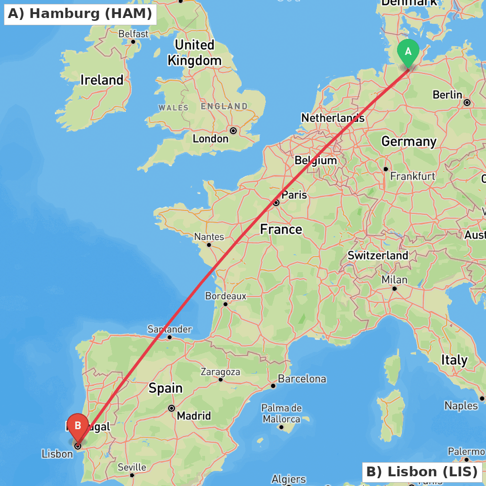 Flight route map from Hamburg to Lisbon