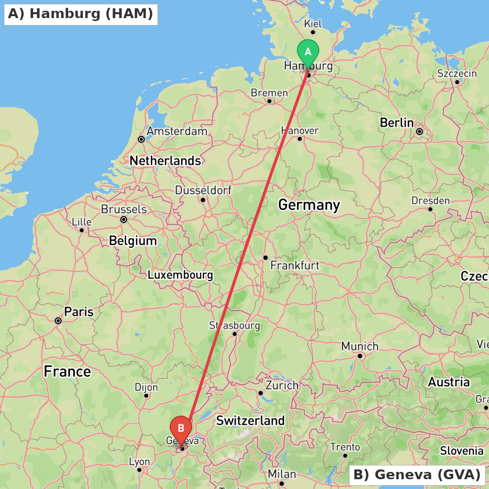 Flight route map from Hamburg to Geneva