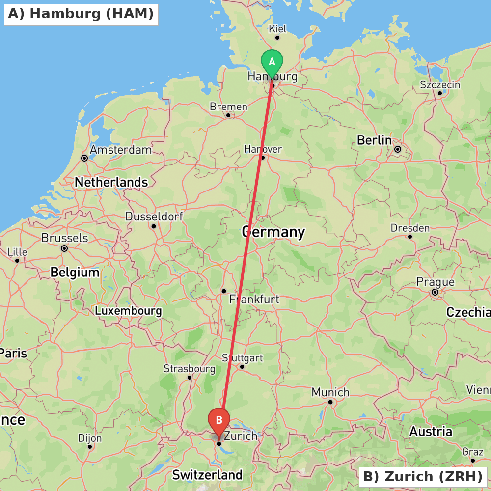 Flight route map from Hamburg to Zurich