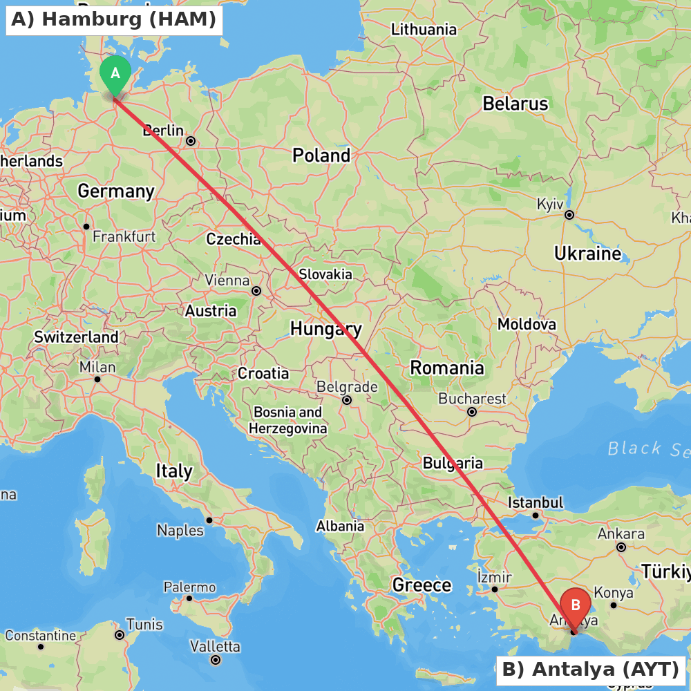 Flight route map from Hamburg to Antalya