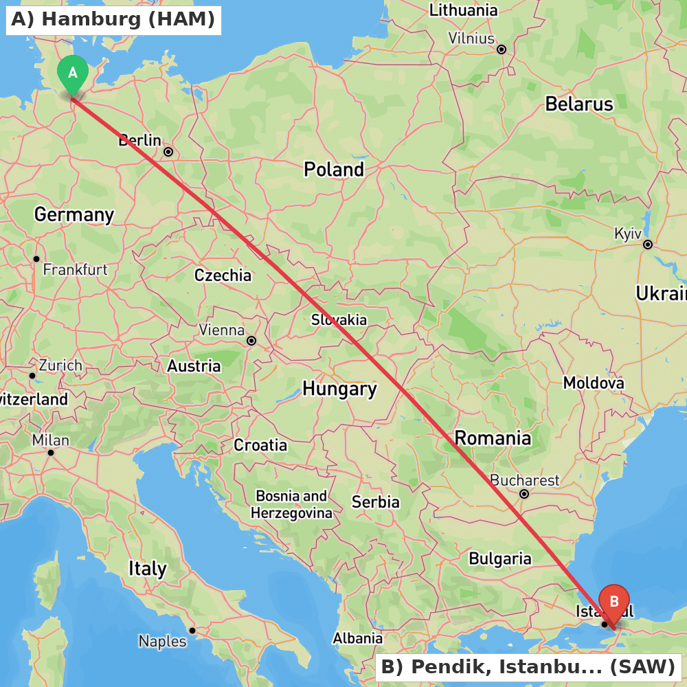 Flight route map from Hamburg to Pendik, Istanbul