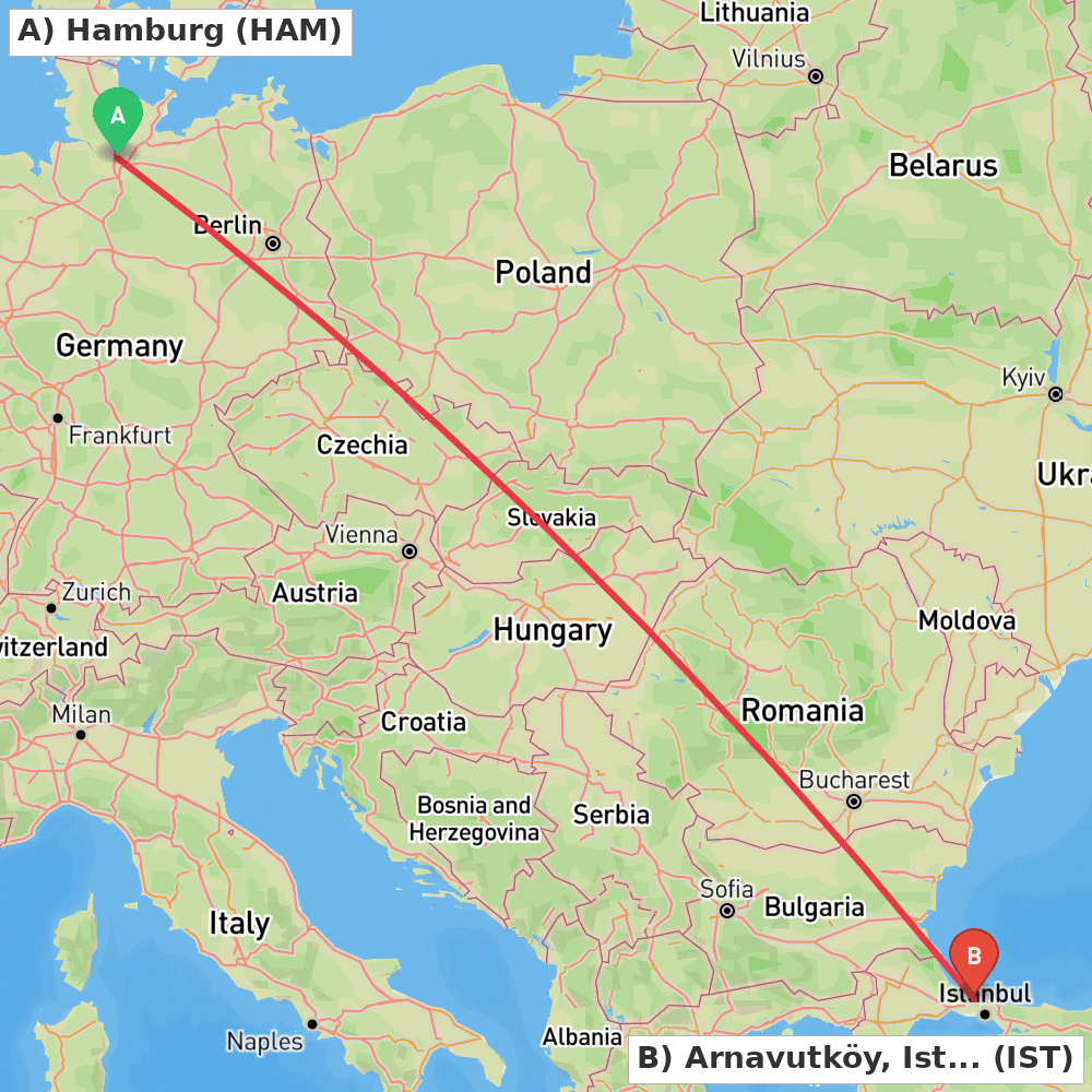 Flight route map from Hamburg to Arnavutköy, Istanbul