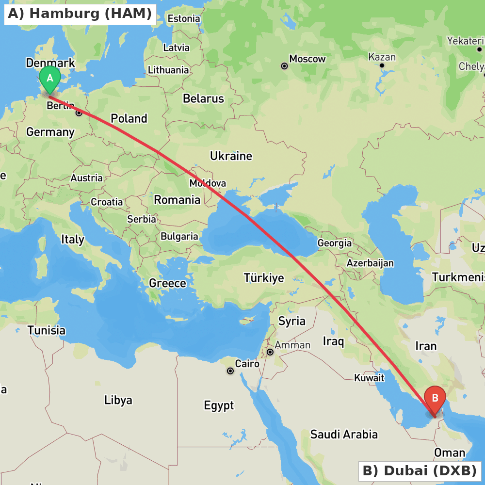 Flight route map from Hamburg to Dubai