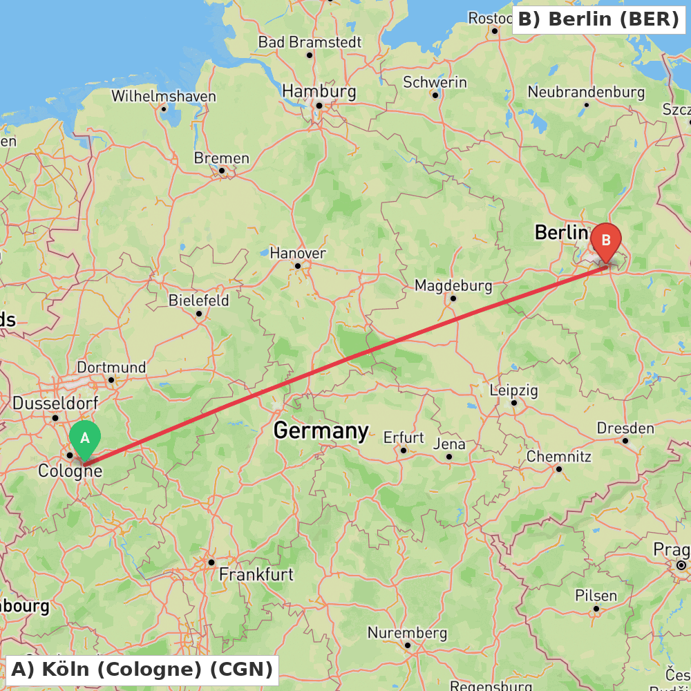 Flight route map from Köln (Cologne) to Berlin