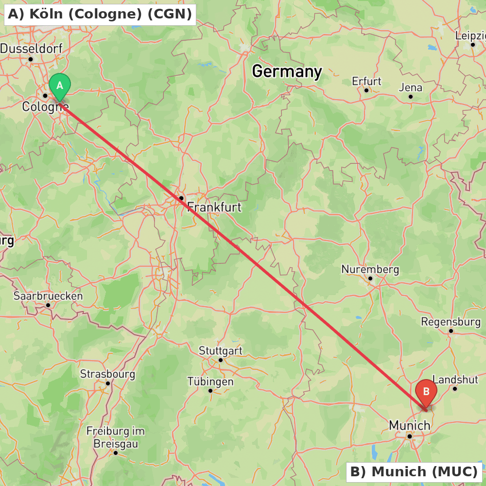 Flight route map from Köln (Cologne) to Munich
