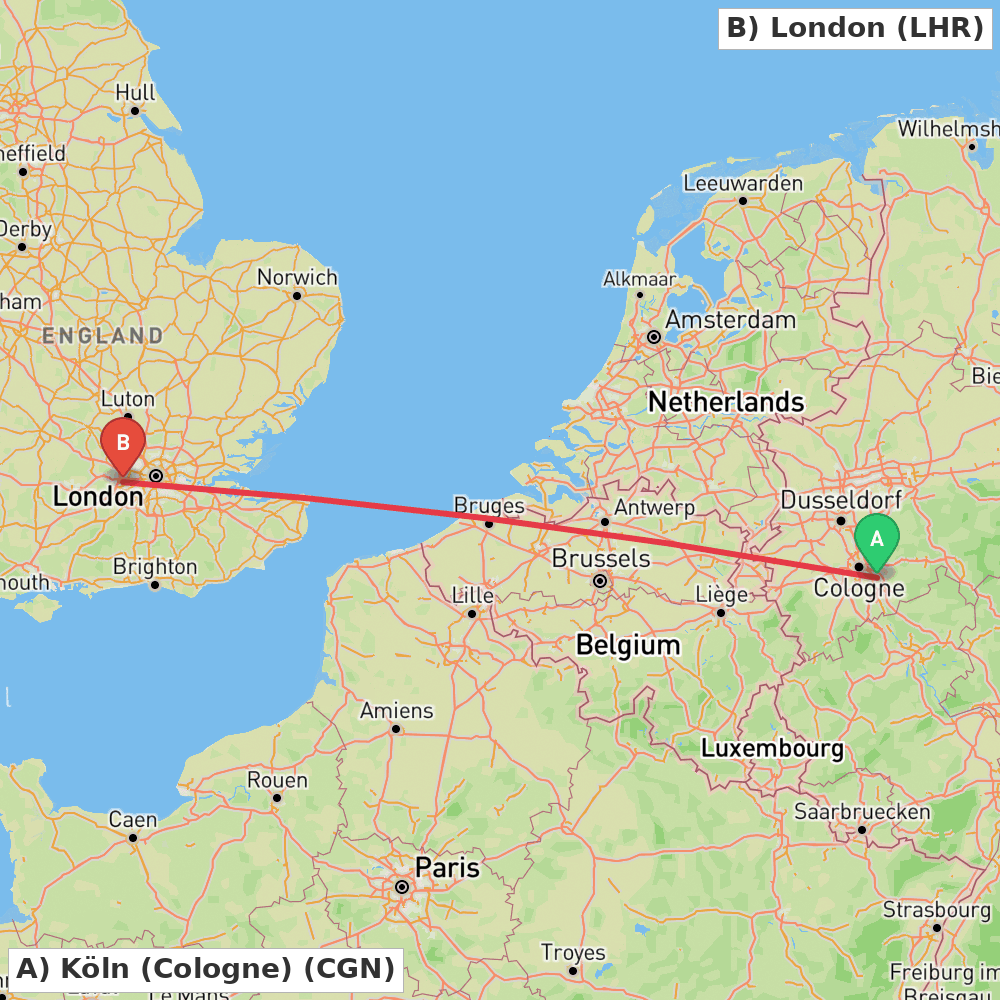 Flight route map from Köln (Cologne) to London