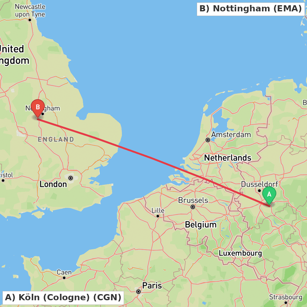 Flight route map from Köln (Cologne) to Nottingham