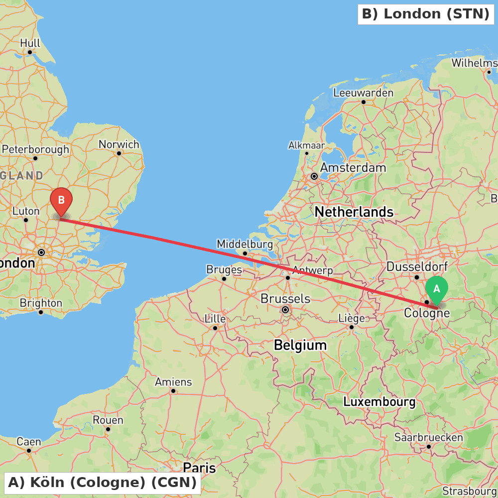 Flight route map from Köln (Cologne) to London