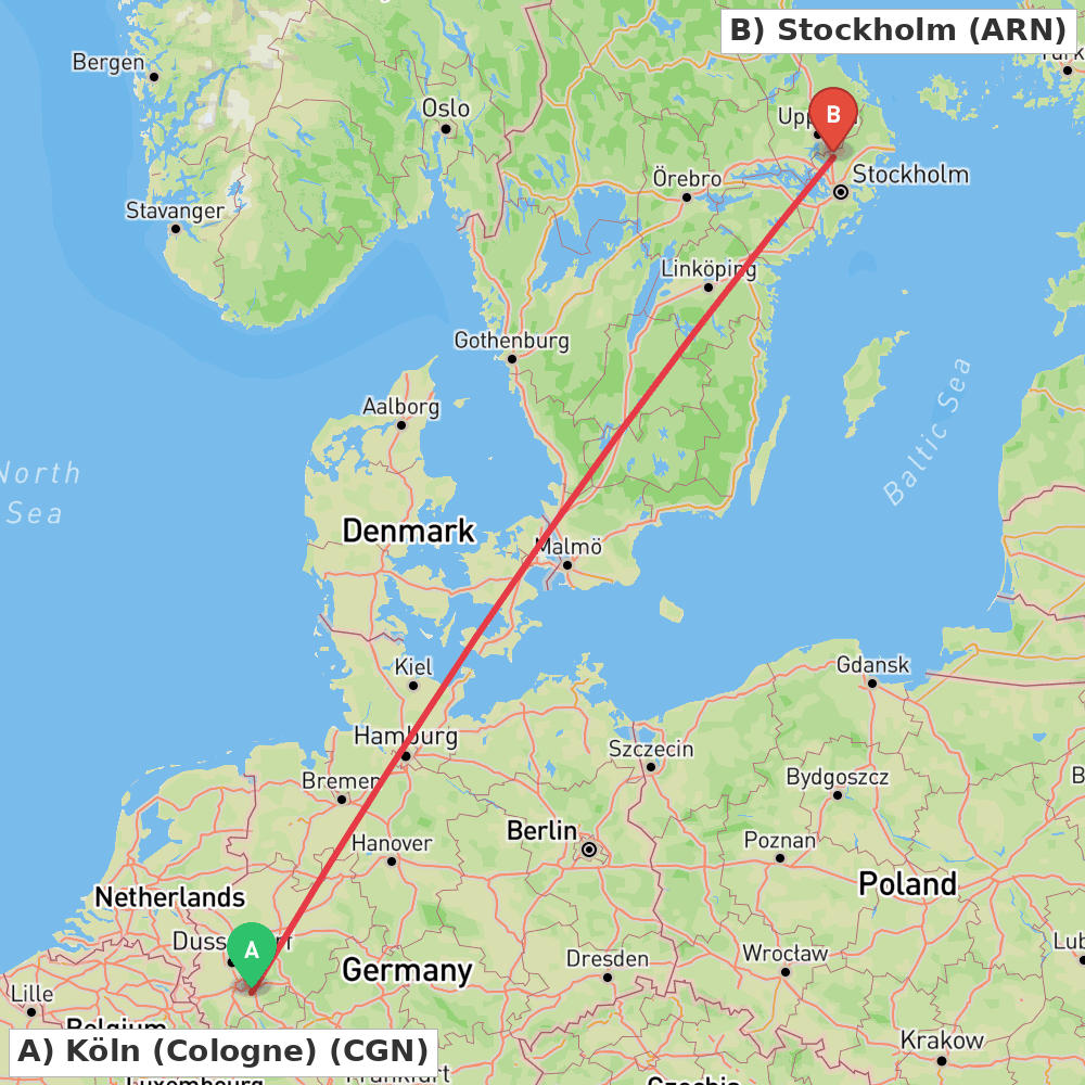 Flight route map from Köln (Cologne) to Stockholm