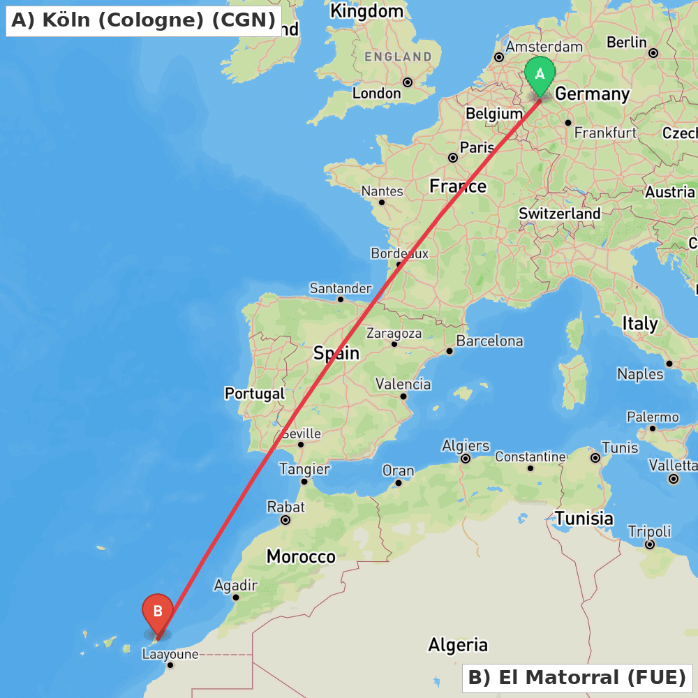 Flight route map from Köln (Cologne) to El Matorral