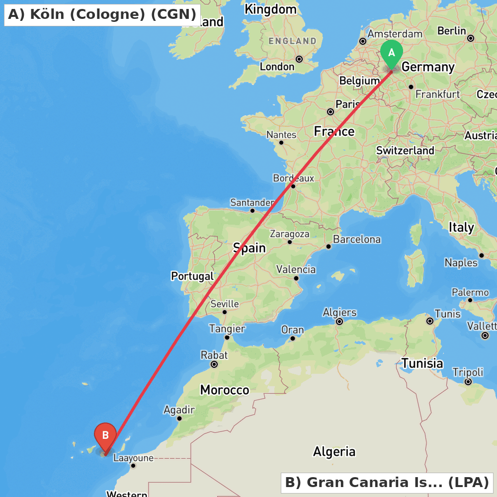 Flight route map from Köln (Cologne) to Gran Canaria Island