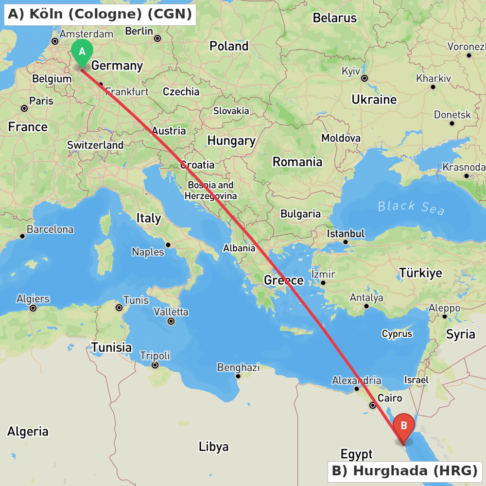 Flight route map from Köln (Cologne) to Hurghada