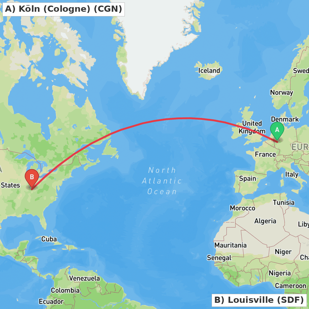 Flight route map from Köln (Cologne) to Louisville