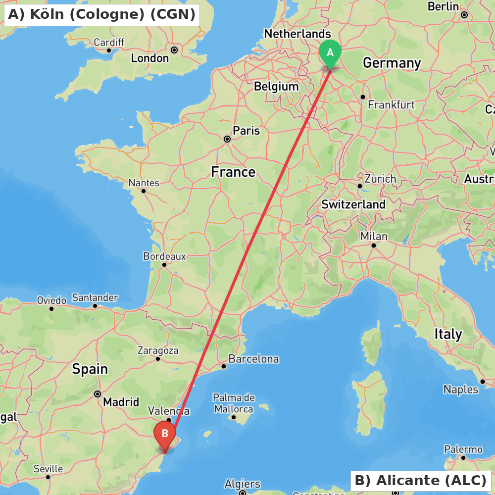 Flight route map from Köln (Cologne) to Alicante