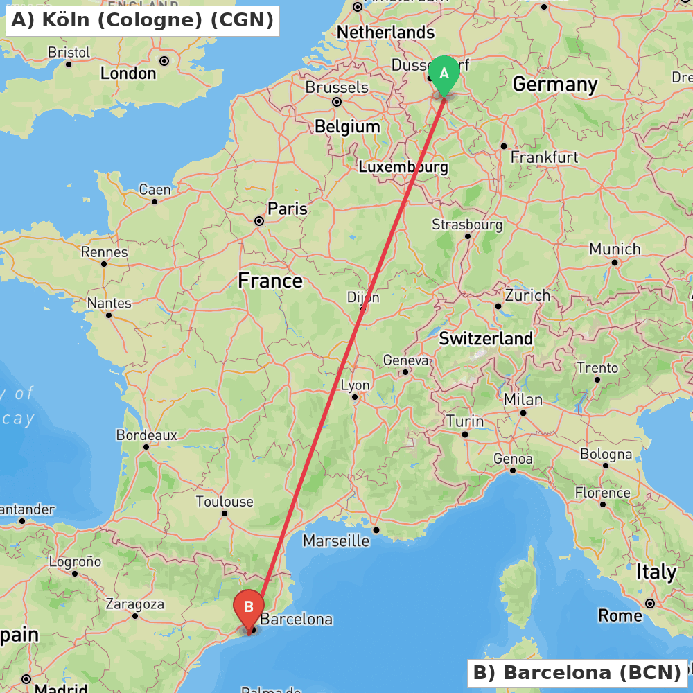 Flight route map from Köln (Cologne) to Barcelona