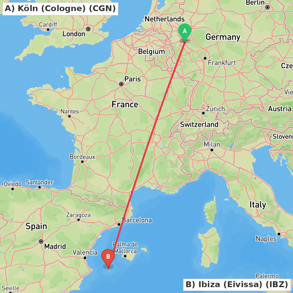 Flight route map from Köln (Cologne) to Ibiza (Eivissa)