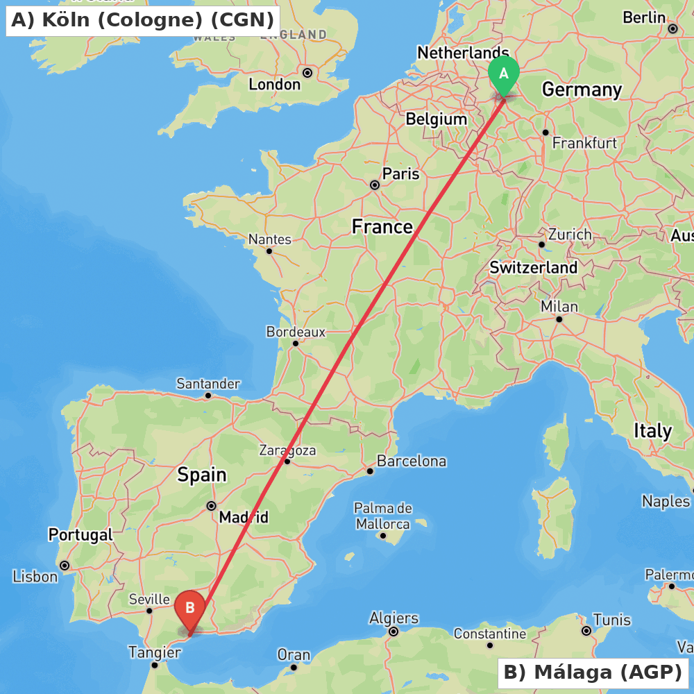 Flight route map from Köln (Cologne) to Málaga