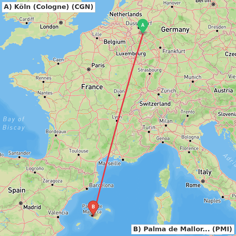 Flight route map from Köln (Cologne) to Palma de Mallorca