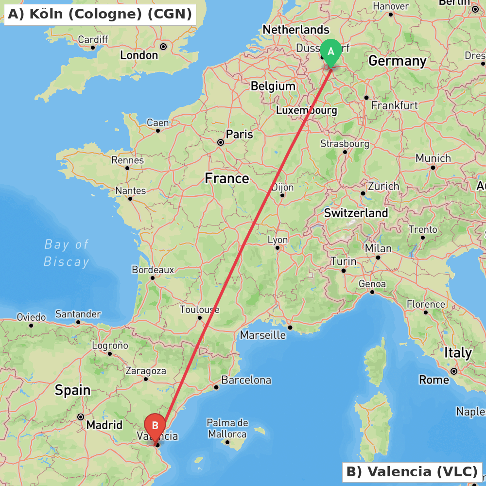 Flight route map from Köln (Cologne) to Valencia