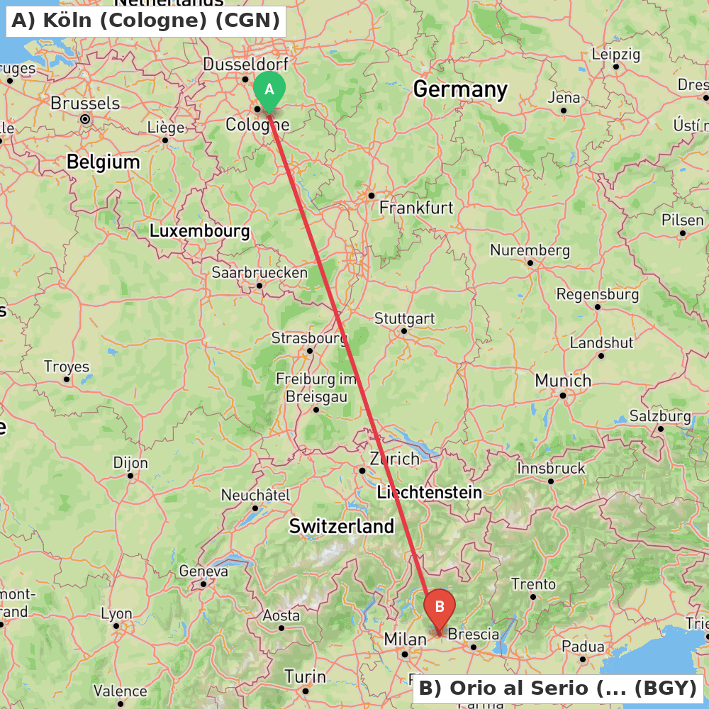Flight route map from Köln (Cologne) to Orio al Serio (BG)