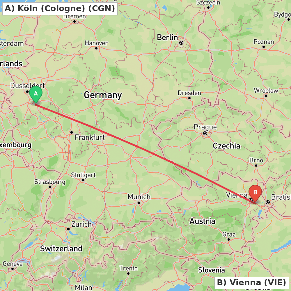Flight route map from Köln (Cologne) to Vienna