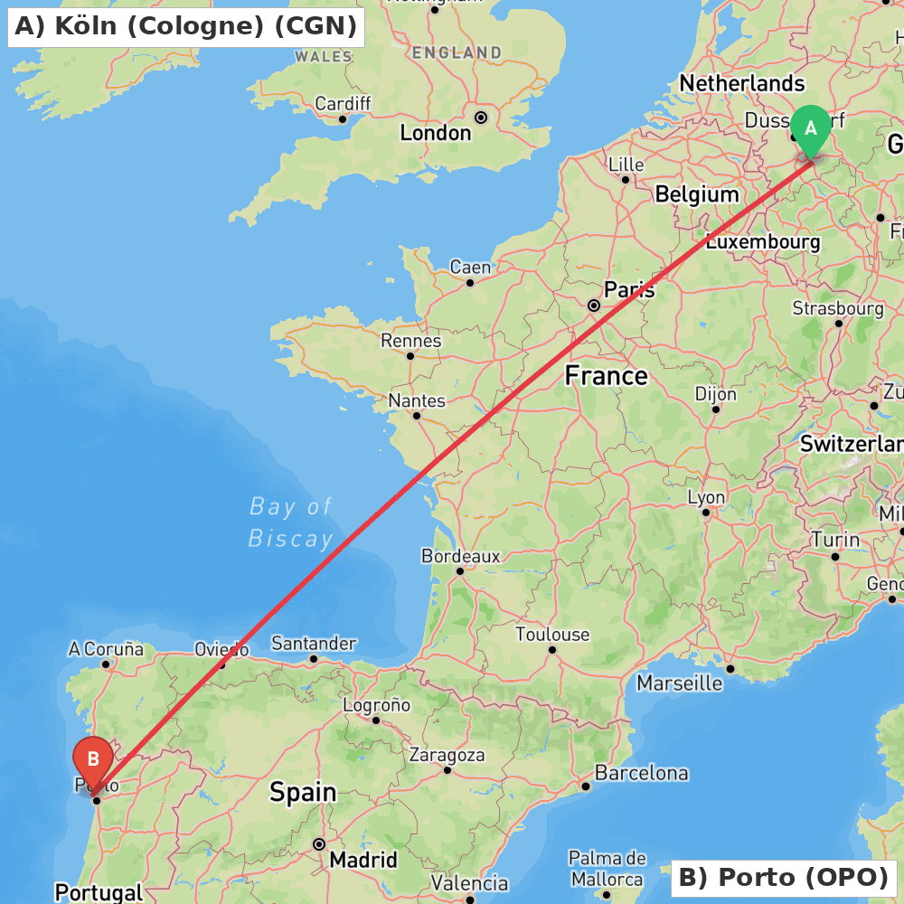 Flight route map from Köln (Cologne) to Porto